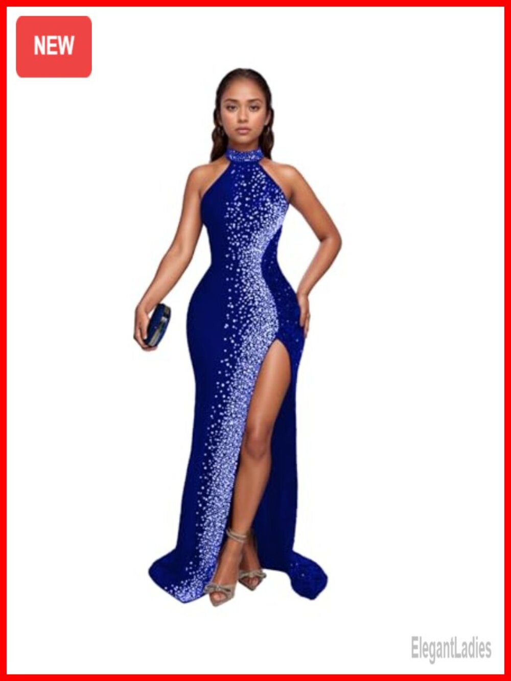 Rhinestone Sequin Bodycon Halter Party Club Dress Sleeveless V-Neck Long